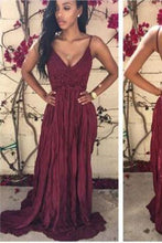 Load image into Gallery viewer, Simple Burgundy A-Line Chiffon Lace V-Neck Spaghetti Straps Backless Long Prom Dresses RS04