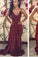 Simple Burgundy A-Line Chiffon Lace V-Neck Spaghetti Straps Backless Long Prom Dresses RS04