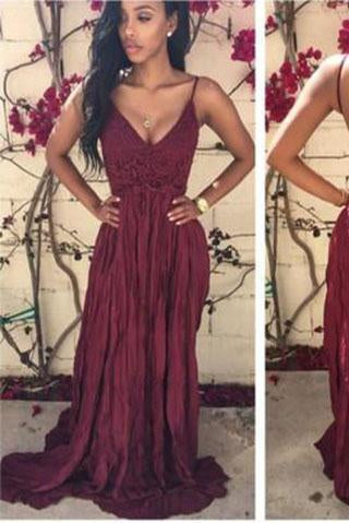 Simple Burgundy A-Line Chiffon Lace V-Neck Spaghetti Straps Backless Long Prom Dresses RS04
