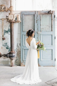 Simple A Line Ivory Chiffon V neck Wedding Dresses, Half Sleeves Long Wedding Gowns SRS15381