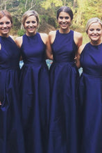 Load image into Gallery viewer, Royal Blue A-Line Satin Scoop Simple Cheap Long Bridesmaid Dresses