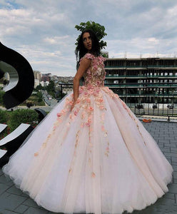 Princess Ball Gown Pink Tulle Prom Dresses with Handmade Flowers, Quinceanera SRS15658