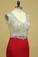 2024 Red V Neck Beaded Bodice Open Back Prom Dresses Column Spandex Sweep Train Plus Size