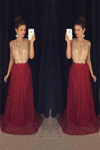 2023 Bicolor Scoop Neck Lace A-Line Prom Dresses With Sweep Train