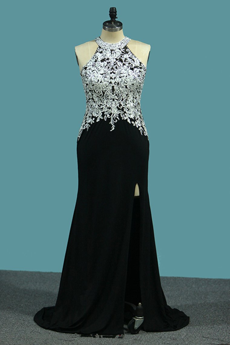 2024 Sexy Open Back Prom Dresses Scoop With Applique And Slit Spandex