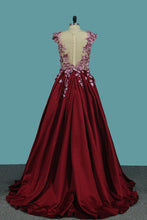 Load image into Gallery viewer, 2024 Satin Scoop A Line Prom Dresses With Applique And Handmade Flower Floor Length
