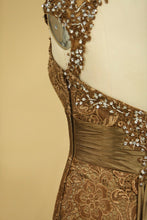 Load image into Gallery viewer, 2024 Brown High Neck Evening Dresses Column With Beading Lace Sweep Train