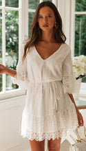 Load image into Gallery viewer, A Line Long Sleeve White Simple Lace Short Sexy Criss Cross Above Knee Homecoming Dress RS783