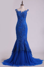 Load image into Gallery viewer, 2024 Mermaid Evening Dresses Bateau Sweep Train With Applique Tulle