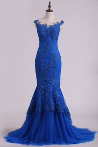2024 Mermaid Evening Dresses Bateau Sweep Train With Applique Tulle