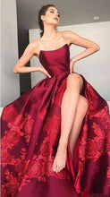 Load image into Gallery viewer, Unique A Line Strapless Burgundy Satin Prom Dresses with Appliques, Formal Dresses SRS15454