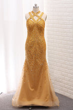 Load image into Gallery viewer, 2024 Mermaid Open Back Tulle Straps Prom Dresses With Beading