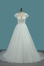 Load image into Gallery viewer, 2024 Tulle A Line Scoop Short Sleeve Wedding Dresses With Applique And Beads Open Back