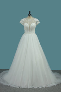 2024 Tulle A Line Scoop Short Sleeve Wedding Dresses With Applique And Beads Open Back