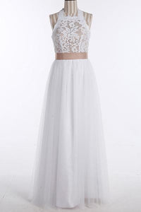 Simple A-Line White Open Back Jewel Sleeveless Floor-Length Lace Top Halter Wedding Dress RS381