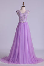 Load image into Gallery viewer, 2024 V Neck A Line/Princess Prom Dress Tulle With Applique &amp; Beads