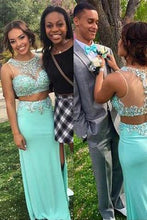 Load image into Gallery viewer, mint green long charming prom dress two pieces prom dress beaded evening dress BD2884