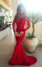Load image into Gallery viewer, Long Trumpet/Mermaid Off-the-Shoulder Satin Red Prom Dresses 2024 RS610