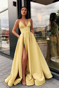 Simple A Line Yellow Spaghetti Straps Satin Prom Dresses with Slit, Party Dresss SRS15386