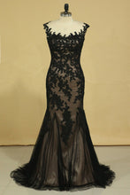 Load image into Gallery viewer, 2024 Black Mermaid Bateau With Applique Tulle Dark Navy Sweep Train Evening Dresses