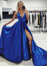Load image into Gallery viewer, Spaghetti Straps Royal Blue V Neck Satin Prom Dresses with High Slit, A Line Formal Dresses SRS15419