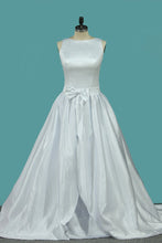 Load image into Gallery viewer, 2023 Scoop Satin A Line Wedding Dresses With Bow Knot Sweep Train