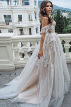 Load image into Gallery viewer, Princess A Line Off the Shoulder Sweetheart Beach Wedding Dresses with Appliques SRS15585