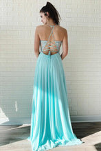 Load image into Gallery viewer, 2023 Chiffon Prom Dresses With Applique Sweep Train Spaghtti Straps