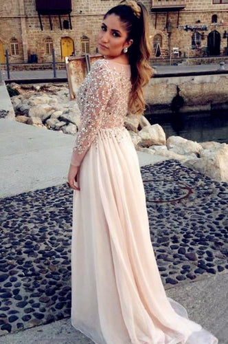 Long Sleeve Fashion Chiffon Long Scoop Pink A-Line Beads Custom Sexy Prom Dresses RS979