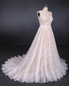 Puffy Lace Off White Wedding Dresses, Elegant A Line Backless Bridal Dresses SRS15311