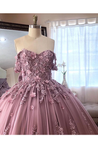 Ball Gown Off The Shoulder Tulle Quinceanera Dress With Lace Appliques Puffy Prom SRSP3HM7KB3