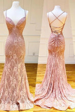Load image into Gallery viewer, Mermaid Spaghetti Straps Pink Lace V Neck Beads Prom Dresses with SRS15654