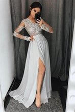 Load image into Gallery viewer, Beautiful Silver Chiffon Lace V-Neck Simple Cheap Elegant Prom Dresses With Sleeves