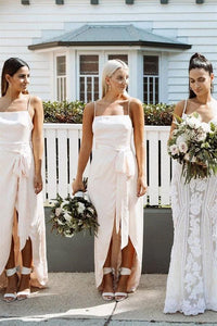 A Line Chiffon Spaghetti Straps Blush Pink Bridesmaid Dresses with Split, Long Prom Dress SRS15486