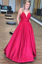 Load image into Gallery viewer, Simple A Line Spaghetti Straps V Neck Prom Dresses with Pockets, Backless Long Dance Dress SRS15384