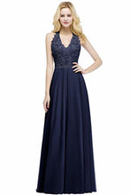 Load image into Gallery viewer, Lace Chiffon Prom Dresses Beading Applique A Line V Neck Evening Dresses