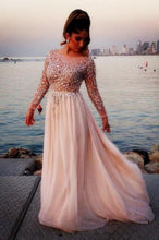 Load image into Gallery viewer, Long Sleeve Fashion Chiffon Long Scoop Pink A-Line Beads Custom Sexy Prom Dresses RS979