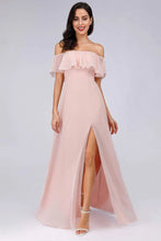 Load image into Gallery viewer, Charming Off Shoulder Ruffle Pink Chiffon Long Prom Dresses Bridesmaid Dresses SRS15114