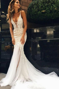 2024 Wedding Dresses Mermaid Spaghetti Straps Tulle With Applique Open Back