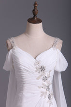 Load image into Gallery viewer, 2024 A Line Straps With Beads And Ruffles Wedding Dresses Chiffon Court Train Detachable