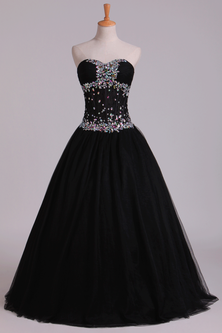 2024 Prom Dresses Ball Gown Black Sweetheart Tulle With Rhinestone Floor Length
