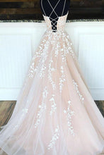 Load image into Gallery viewer, Princess Spaghetti Straps A Line Appliques Tulle Lace up Pink Prom Dresses SRS15305