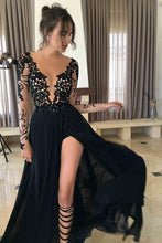 Load image into Gallery viewer, Sexy Black Long Sleeve Lace Slit V-Neck 2019 Prom Dress Evening Dresses PG341