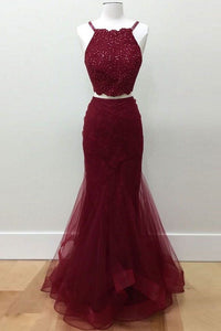 Hot-Selling Two-Piece Mermaid Halter Sleeveless Burgundy Long Prom Dress with Beading RS779