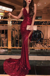 Mermaid V-Neck Burgundy Prom Dresses, Sequin Evening Dresses With Split