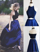 Load image into Gallery viewer, Newest Halter A-Line Two Piece Simple Navy Blue Satin Backless Sleeveless Evening Dresses RS56