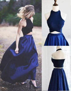 Newest Halter A-Line Two Piece Simple Navy Blue Satin Backless Sleeveless Evening Dresses RS56
