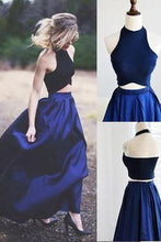 Load image into Gallery viewer, Newest Halter A-Line Two Piece Simple Navy Blue Satin Backless Sleeveless Evening Dresses RS56