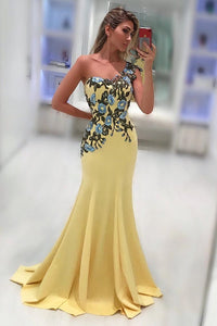 2024 One Shoulder Mermaid Spandex Prom Dresses With Applique Sweep Train