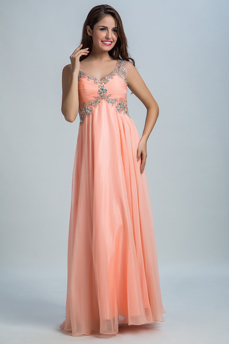 2023 Chiffon V Neck A Line Prom Dresses  With Beads And Ruffles